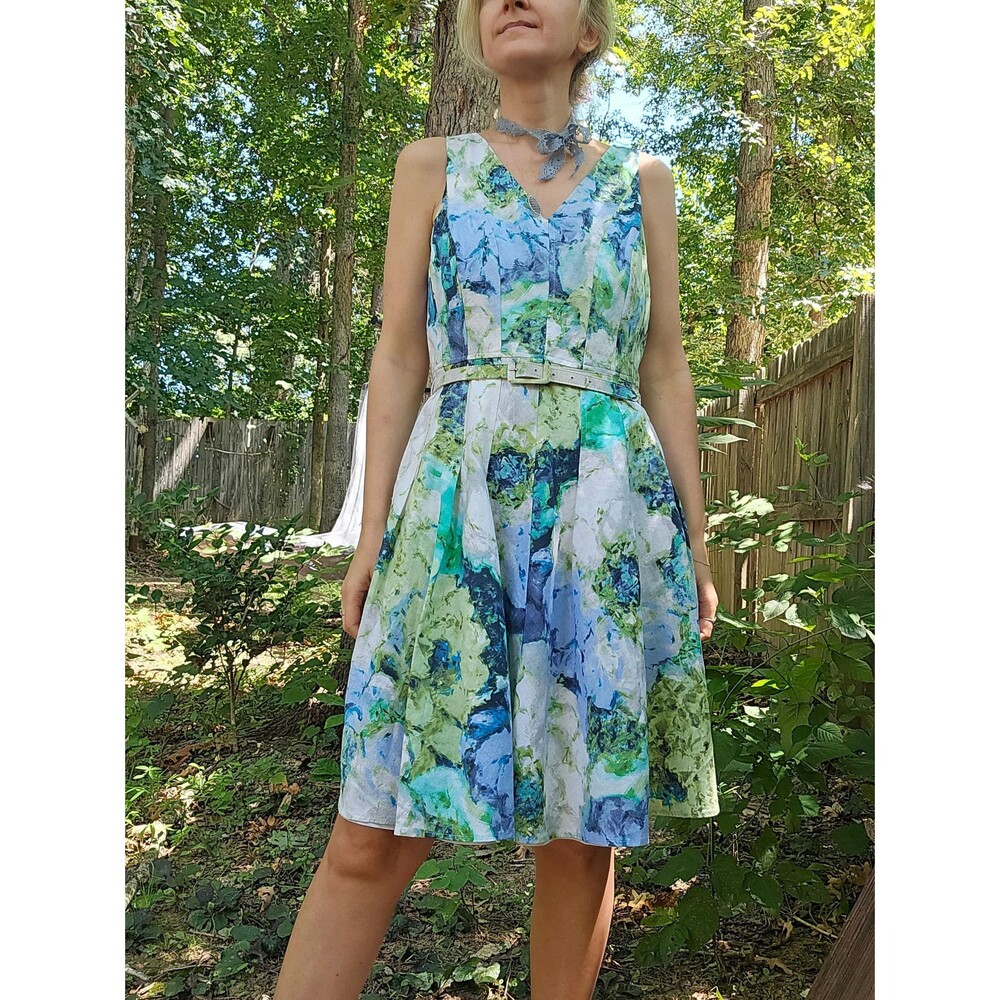 Sleeveless dress floral green blue watercolor linen blend sundress dress, vintag